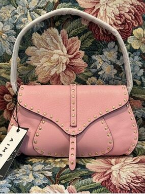 Women’s Aimee Kestenberg Pink Amour Studded Leather Baguette Handbag NWT